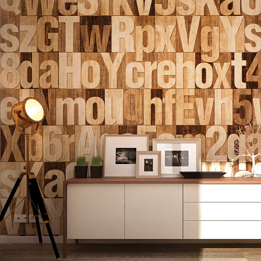 Фотообои в интерьере артикул WOOD ALPHABET, LOFT, Factura